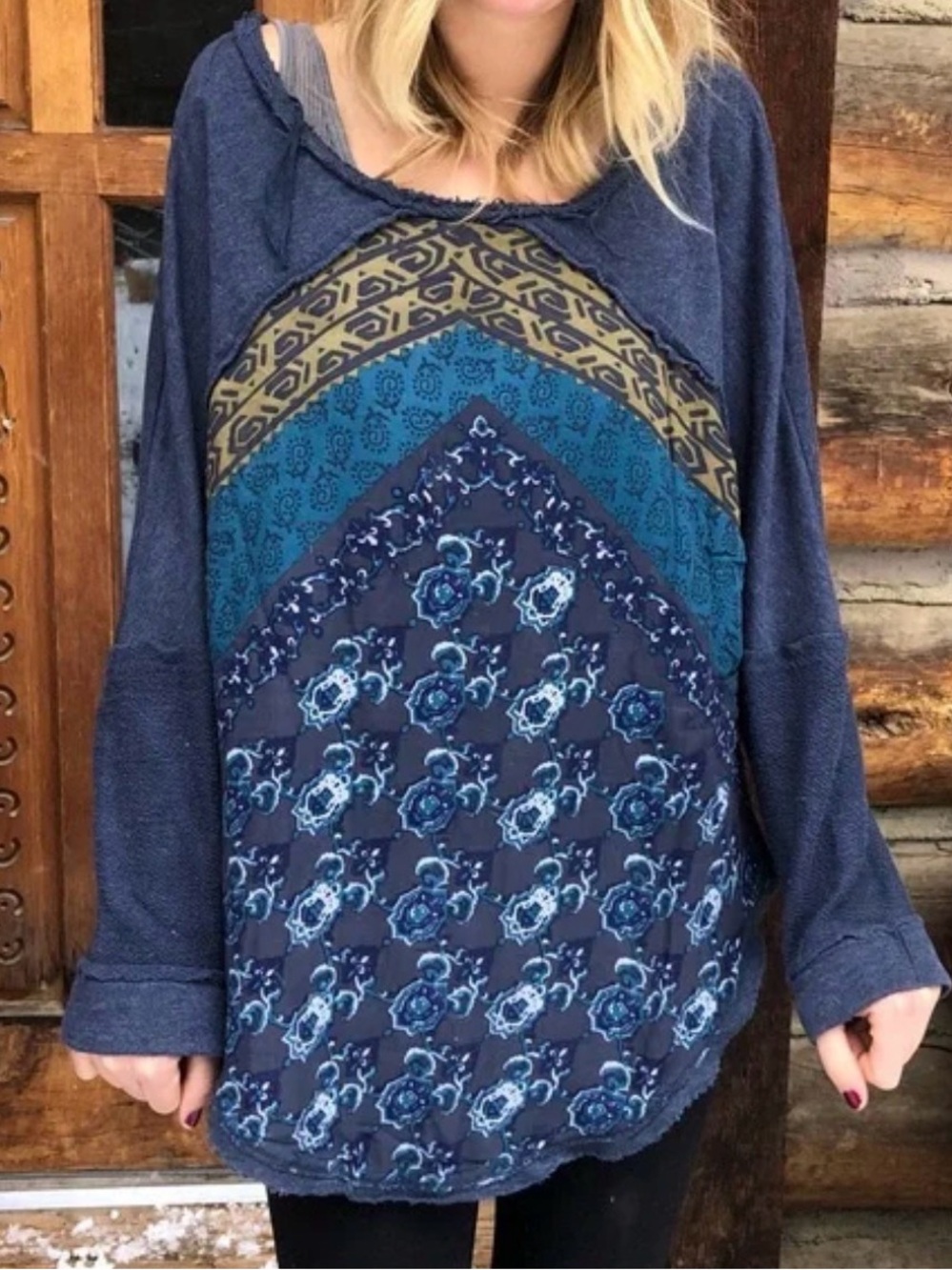 Free People Blue Distressed Sweatshirt oversized asymmetrical cozy